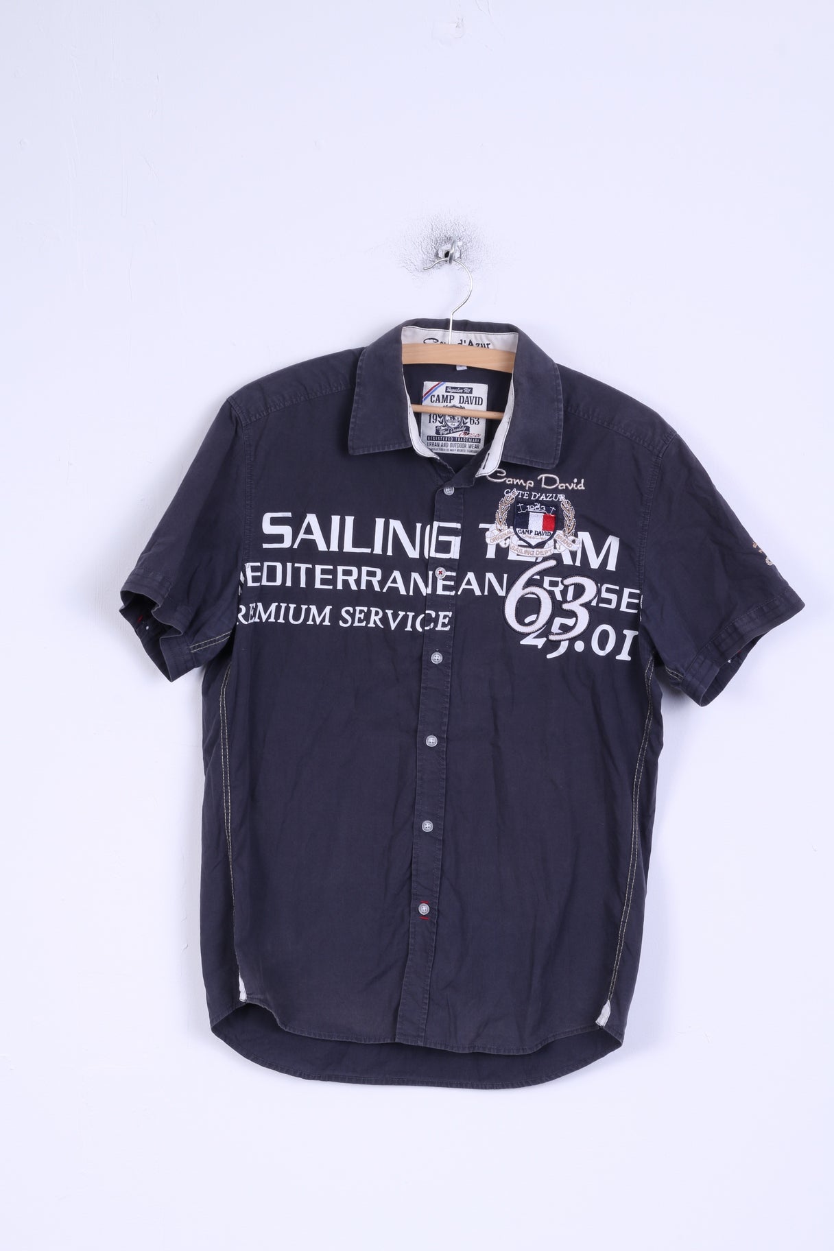 Camp David Mens S Casual Shirt Cotton Grey Regular Fit Embroidered