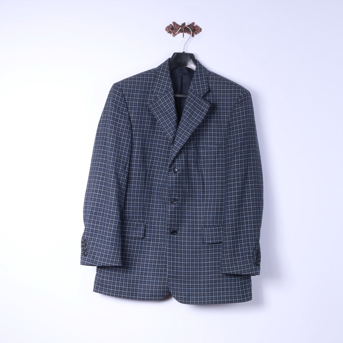 Roeterink Bocholt Uomo 50 40 Blazer Blu Vintage Check Giacca 100% Lana Made in Italy
