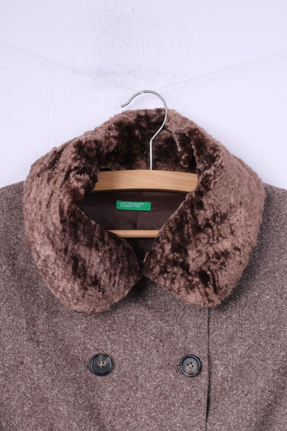 Giacca United Colors Of Benetton da donna 44 M. Giacca doppiopetto con collo in pelliccia di lana marrone