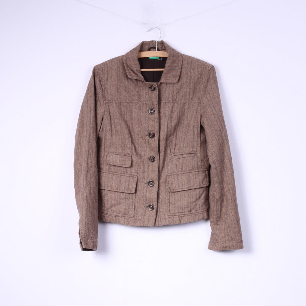 United Colors Of Benetton Womens 44 M Blazer Brown Herringbone Cotton Linen Blend Top