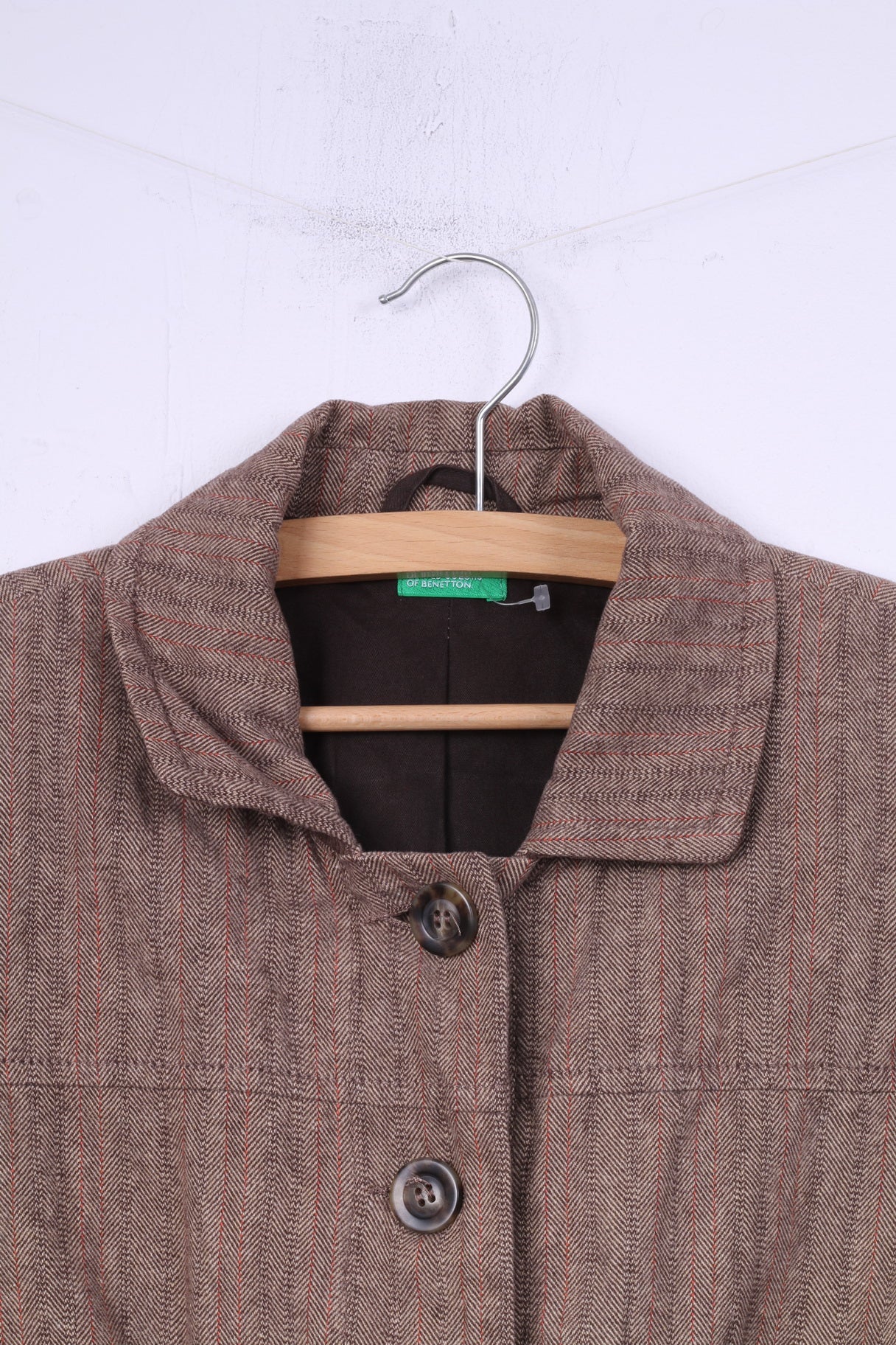 United Colors Of Benetton Womens 44 M Blazer Brown Herringbone Cotton Linen Blend Top