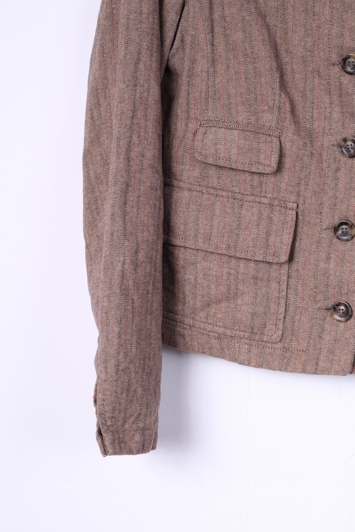 United Colors Of Benetton Womens 44 M Blazer Brown Herringbone Cotton Linen Blend Top