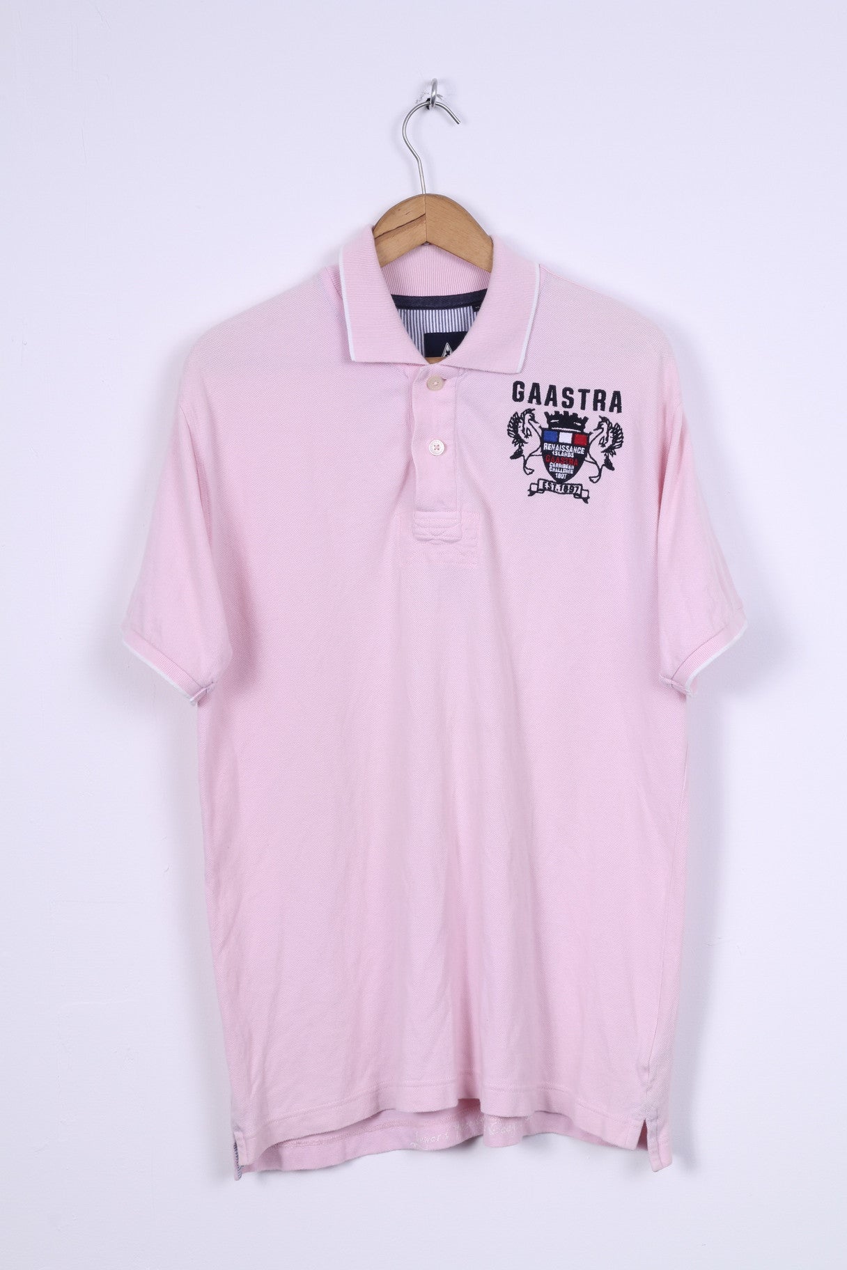 Gaastra Mens XL Polo Shirt Pink Cotton Renaissance Islands Embroidered Detailed Buttons