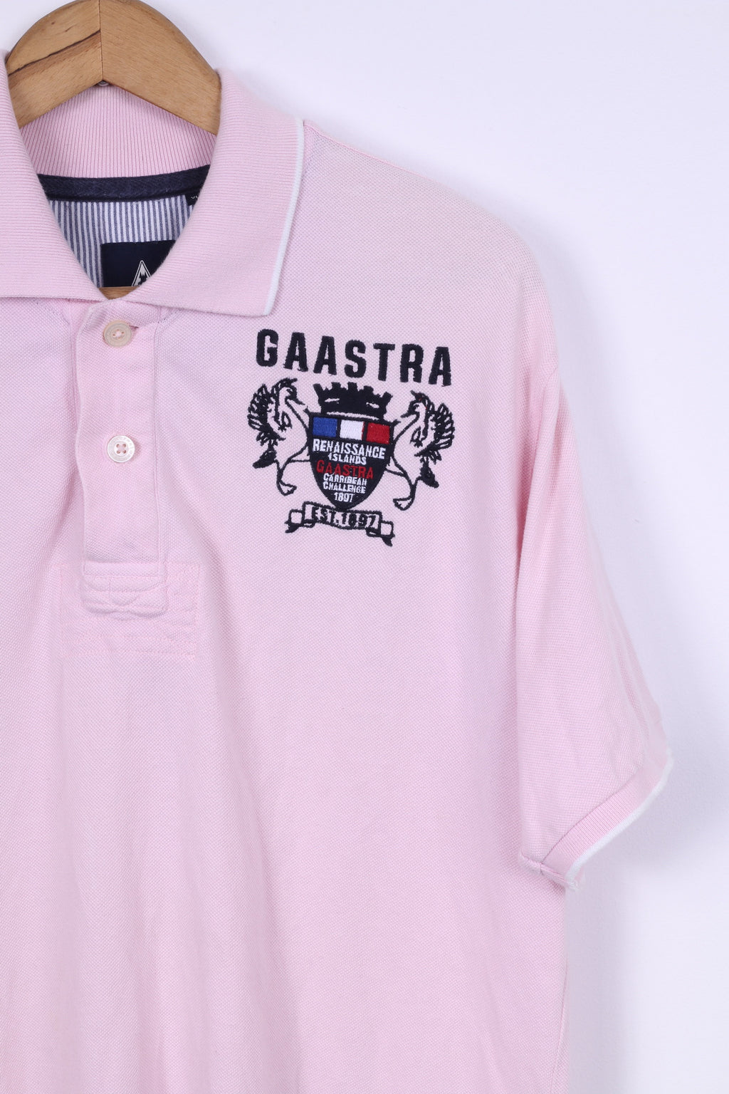 Gaastra Mens XL Polo Shirt Pink Cotton Renaissance Islands Embroidered Detailed Buttons