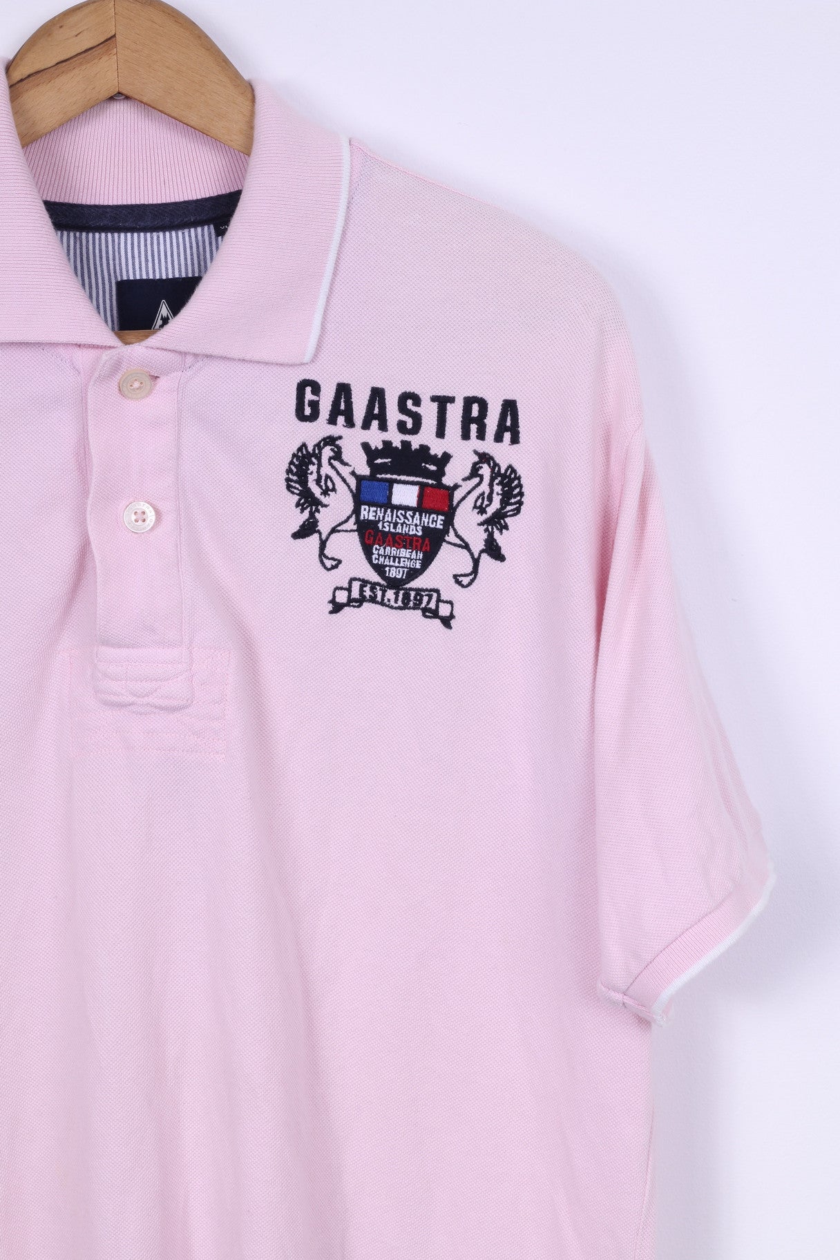 Gaastra Mens XL Polo Shirt Pink Cotton Renaissance Islands Embroidered Detailed Buttons