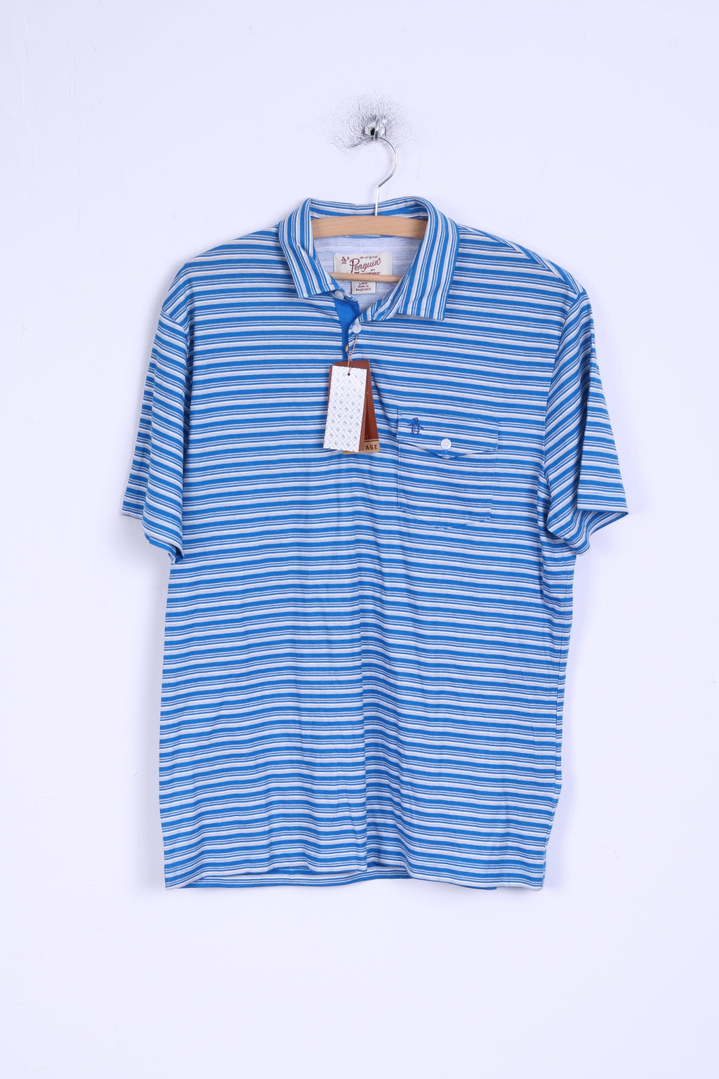 New Penguin Mens L Polo Shirt Cotton Blue Striped Heritage Slim Fit Stretch