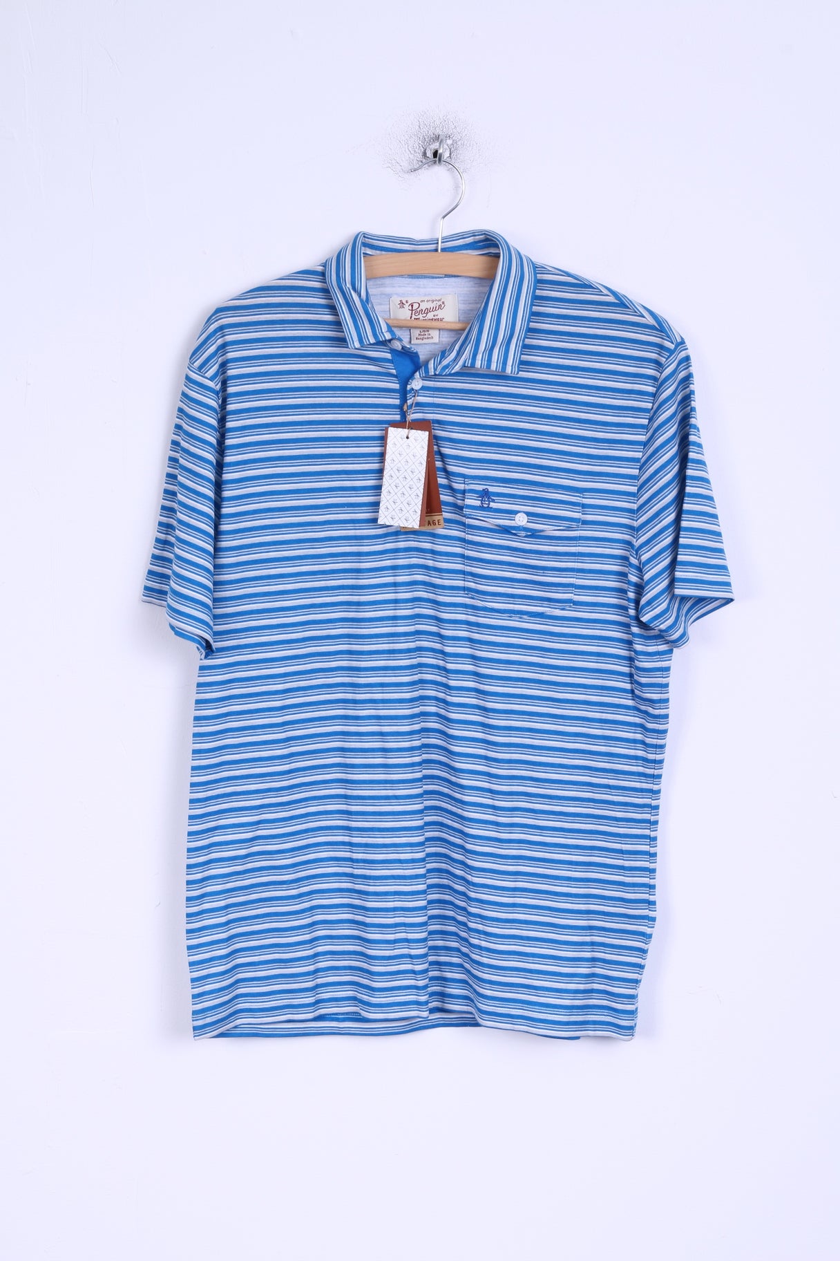 New Penguin Mens L Polo Shirt Cotton Blue Striped Heritage Slim Fit Stretch