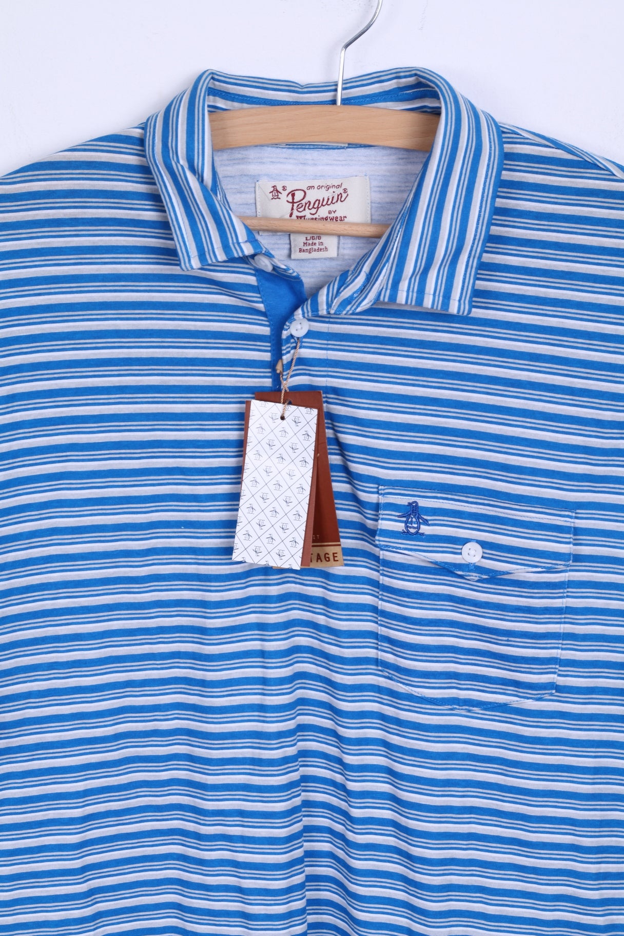 New Penguin Mens L Polo Shirt Cotton Blue Striped Heritage Slim Fit Stretch