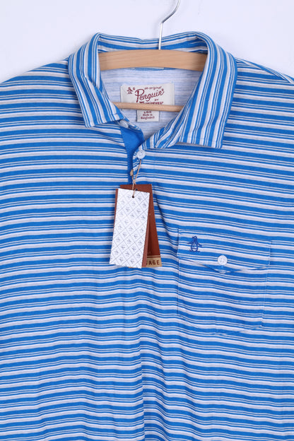 New Penguin Mens L Polo Shirt Cotton Blue Striped Heritage Slim Fit Stretch