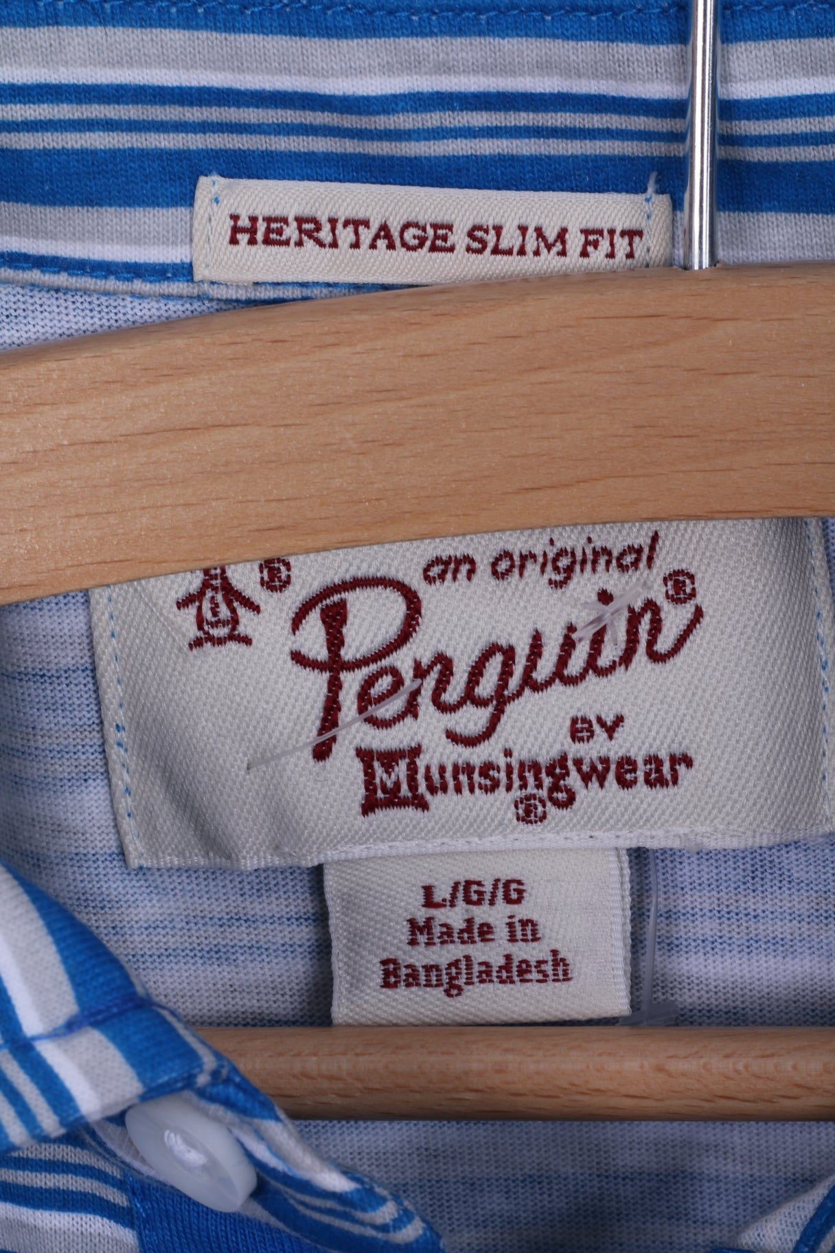 New Penguin Mens L Polo Shirt Cotton Blue Striped Heritage Slim Fit Stretch