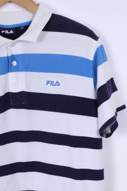 FILA Mens L Polo Shirt White Striped Blue Short Sleeve Cotton Sport Detailed Buttons