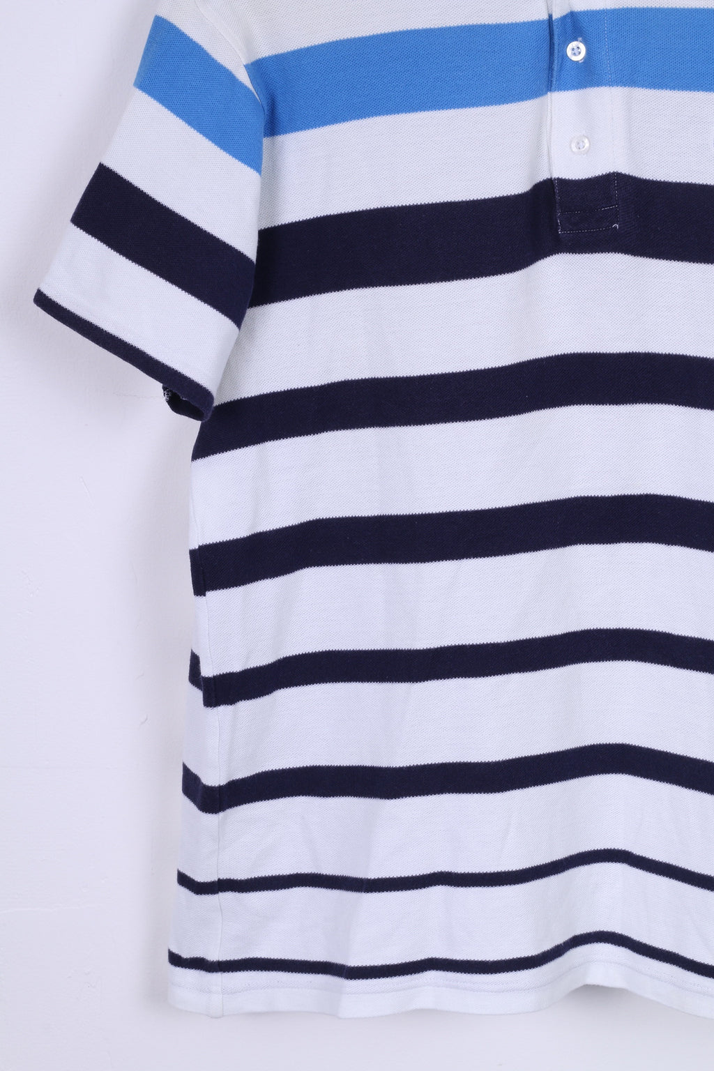 FILA Mens L Polo Shirt White Striped Blue Short Sleeve Cotton Sport Detailed Buttons