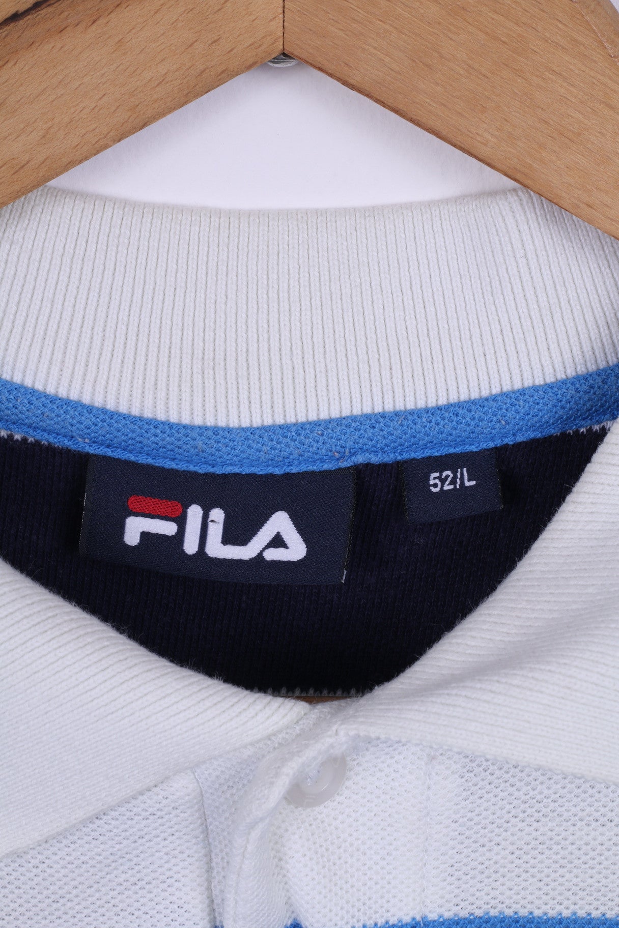 FILA Mens L Polo Shirt White Striped Blue Short Sleeve Cotton Sport Detailed Buttons