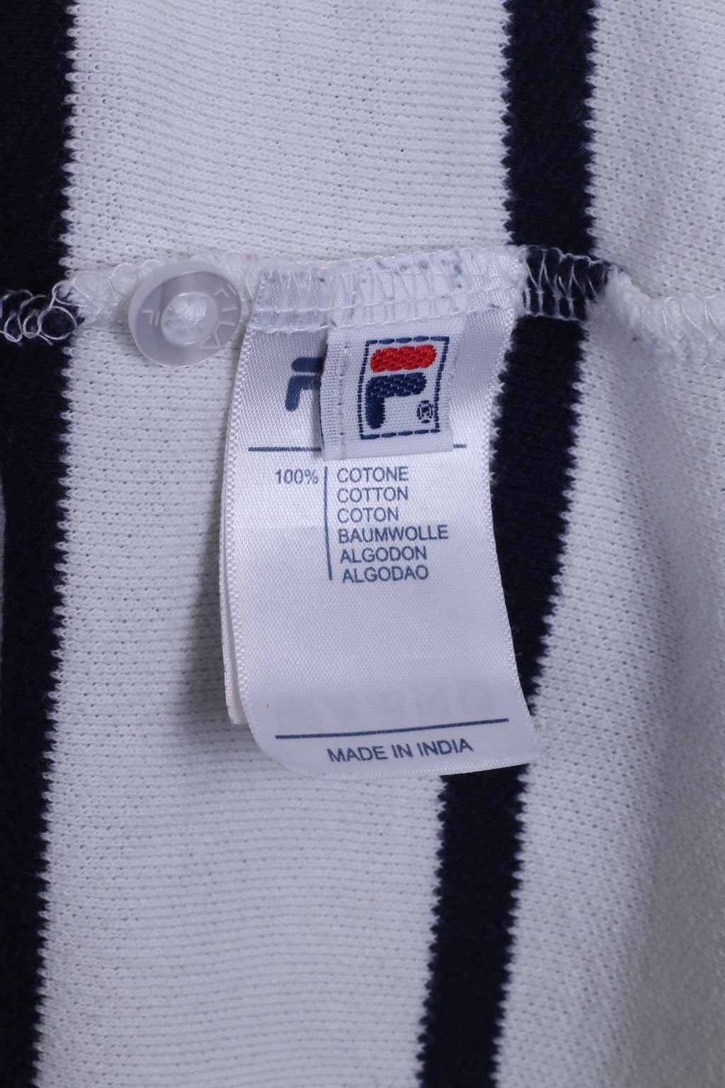 FILA Mens L Polo Shirt White Striped Blue Short Sleeve Cotton Sport Detailed Buttons