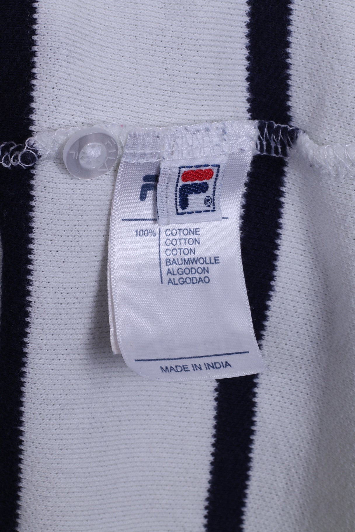 FILA Mens L Polo Shirt White Striped Blue Short Sleeve Cotton Sport Detailed Buttons