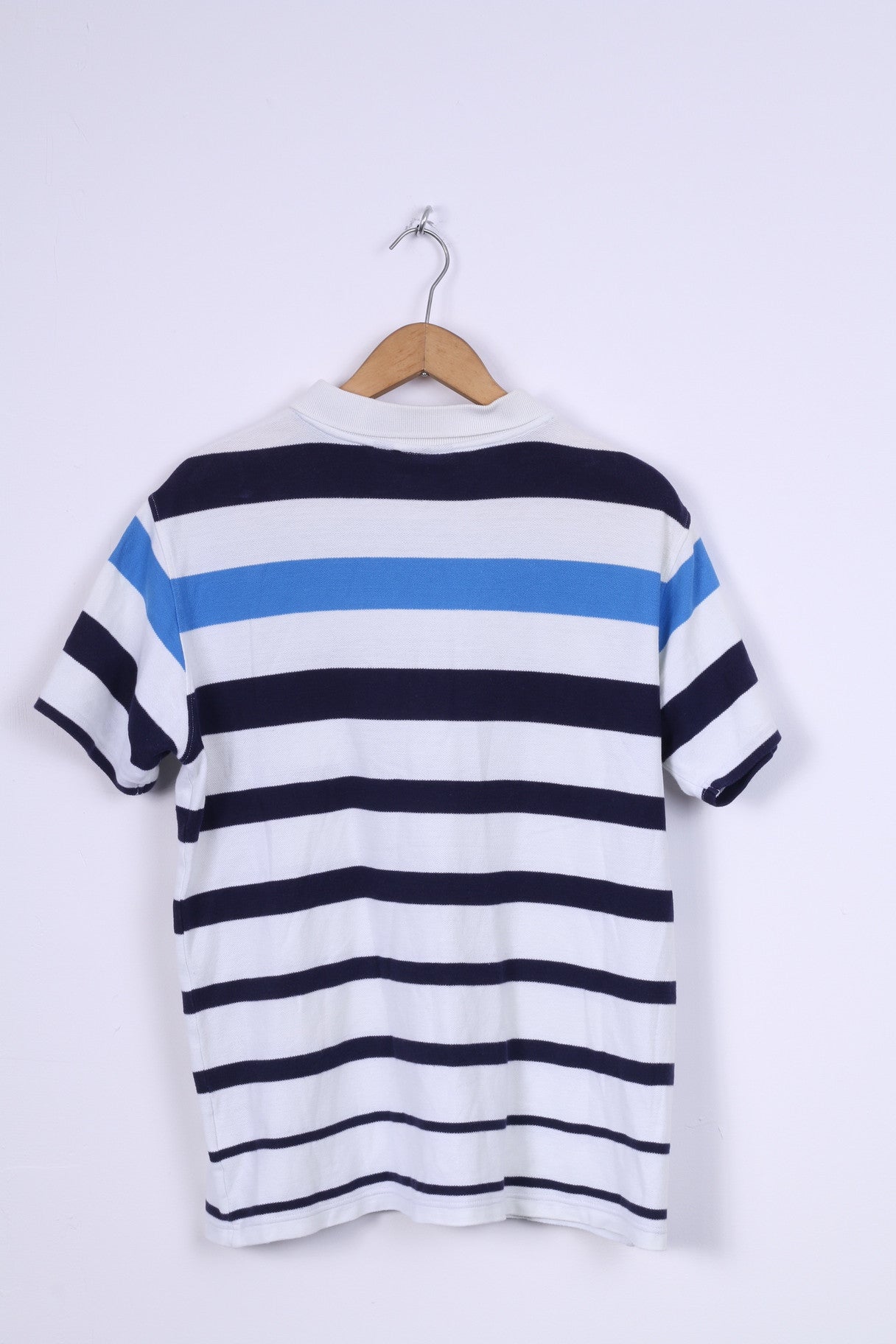 FILA Mens L Polo Shirt White Striped Blue Short Sleeve Cotton Sport Detailed Buttons