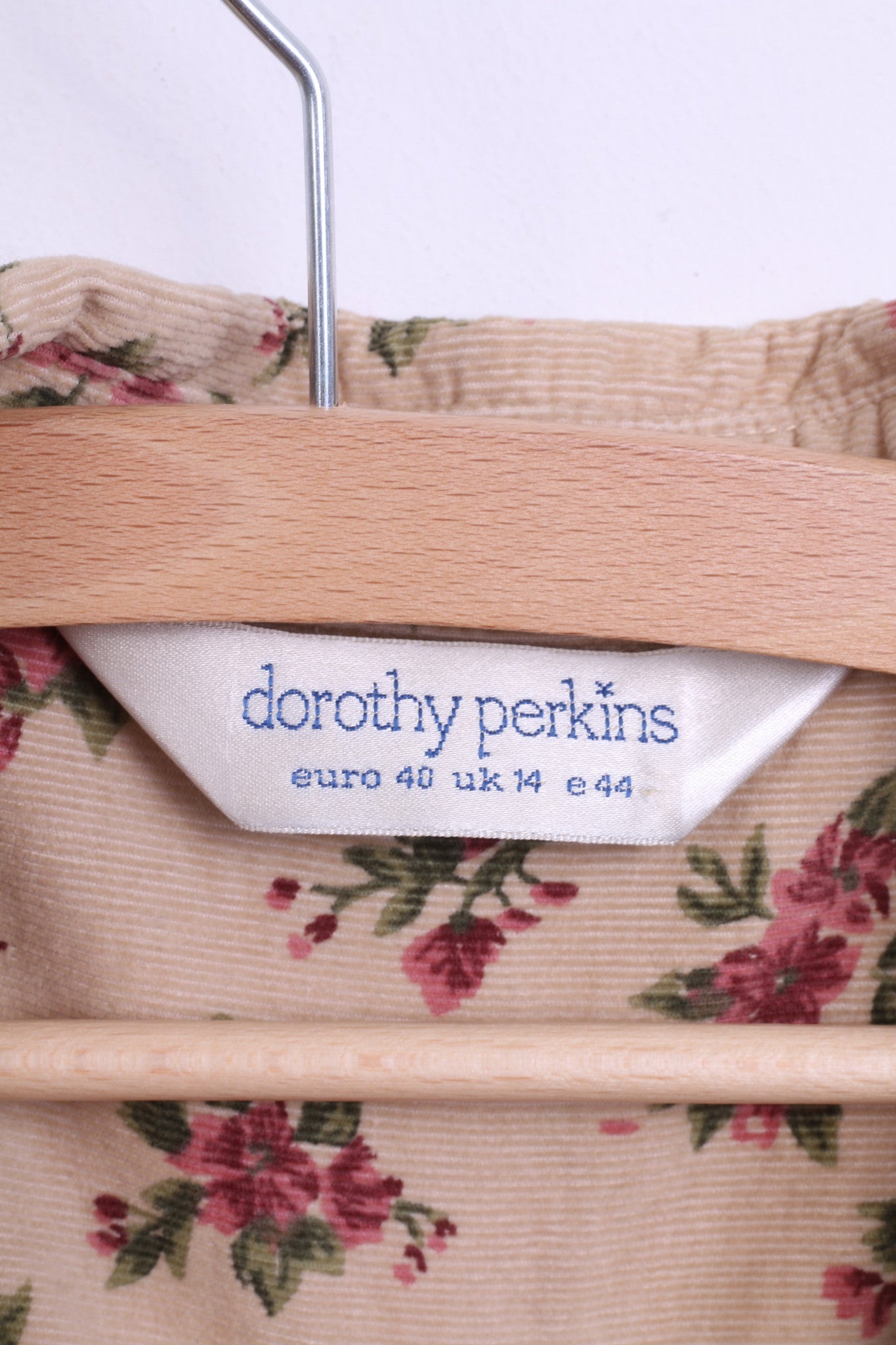 Dorothy Perkins Womens 14 XL Casual Shirt Beige Short Sleeve Flowers Print Corduroy - RetrospectClothes