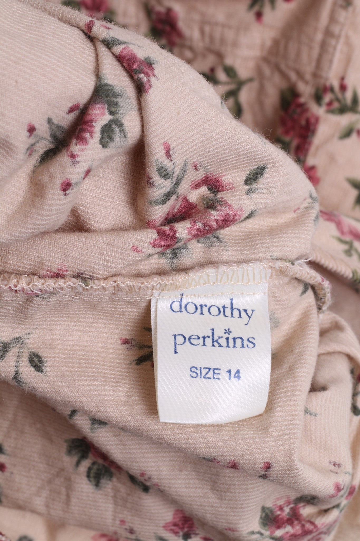 Dorothy Perkins Womens 14 XL Casual Shirt Beige Short Sleeve Flowers Print Corduroy - RetrospectClothes