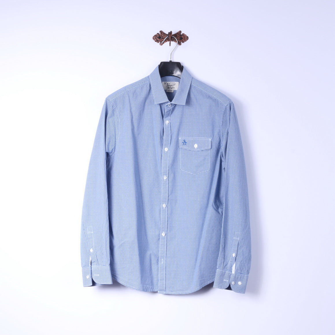 Penguin Mens XL Casual Shirt Mini Check Blue Cotton Heritage Slim Fit Top