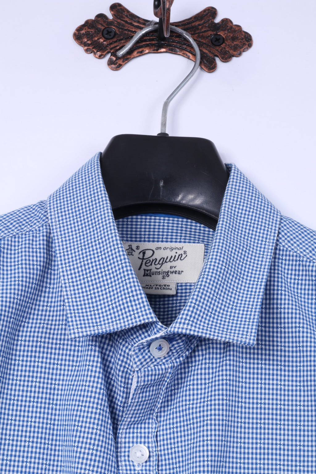 Penguin Mens XL Casual Shirt Mini Check Blue Cotton Heritage Slim Fit Top