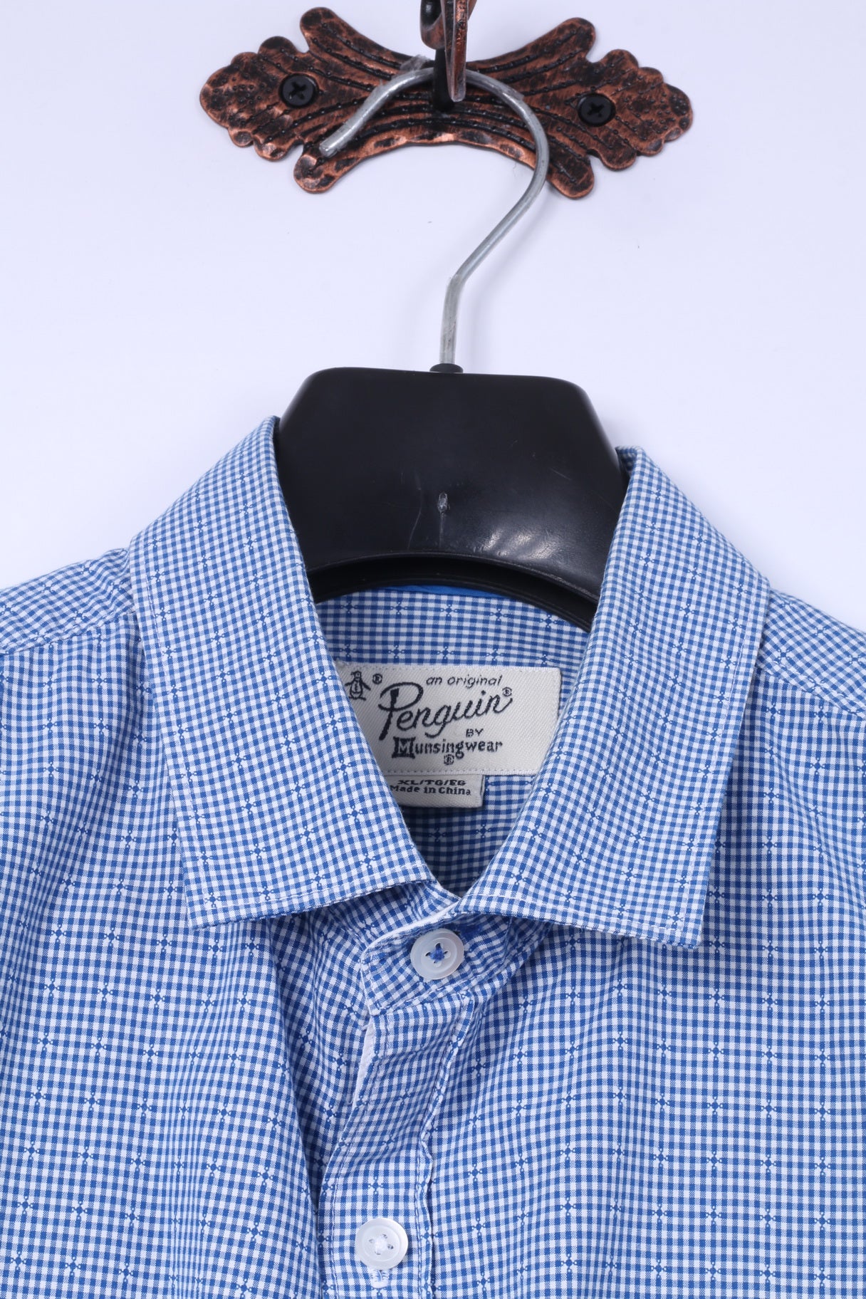 Penguin Mens XL Casual Shirt Mini Check Blue Cotton Heritage Slim Fit Top