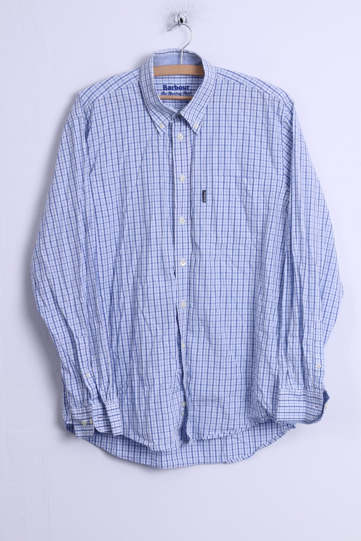 Barbour Mens L Casual Shirt Blue Cotton Long Sleeve Checkered Button Down Collar