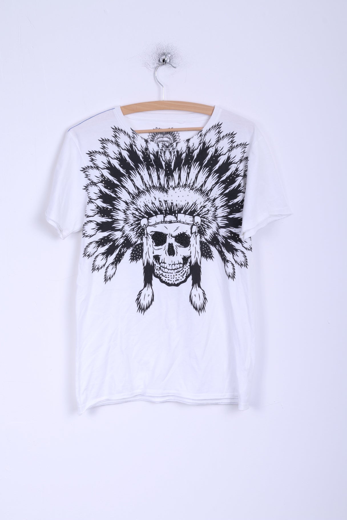 T-shirt da uomo Cedar Wood State S in cotone bianco con teschio Apache zirconi