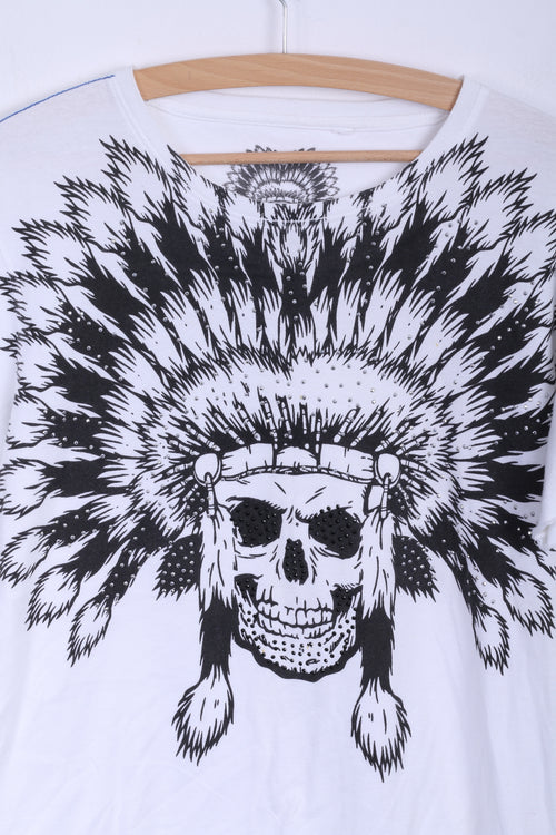 T-shirt da uomo Cedar Wood State S in cotone bianco con teschio Apache zirconi