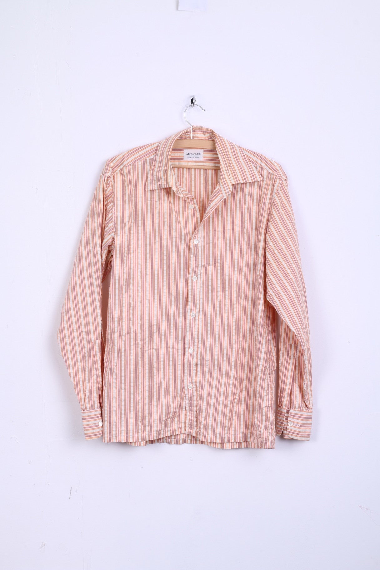 Michael Ash Mens 16 Casual Shirt Striped Orange Cotton Long Sleeve
