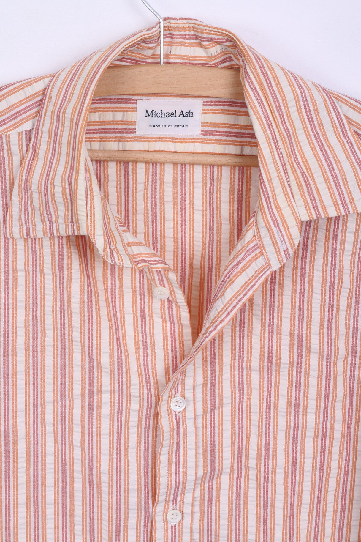 Michael Ash Mens 16 Casual Shirt Striped Orange Cotton Long Sleeve