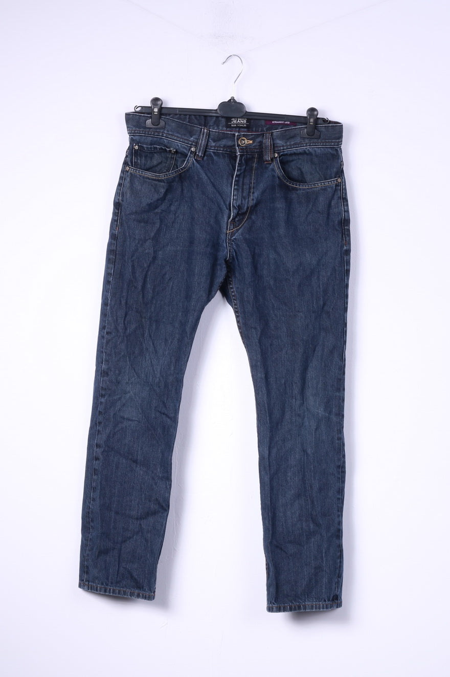 Jeff Banks London Pantalon W34 L30 Homme Coupe Droite Bleu Marine Ajusté à la Taille Coton