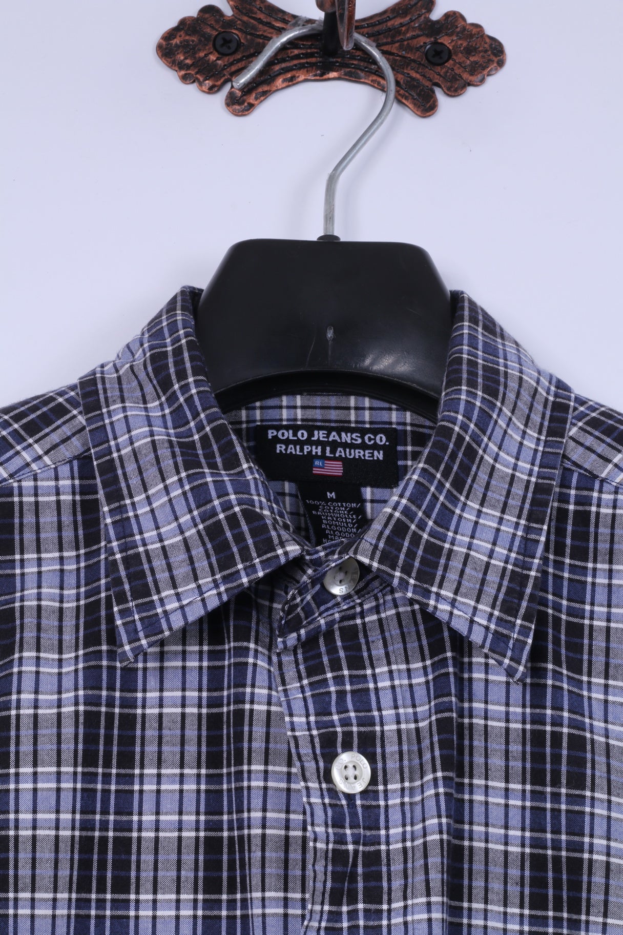Polo Jeans Co Ralph Lauren Mens M Casual Shirt Navy Checkered Cotton Detailed Buttons Top