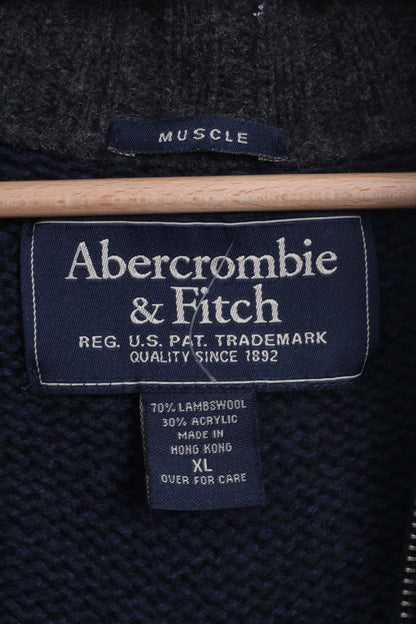 Abercrombie &amp; Fitch Maglione XL da uomo con zip blu scuro in lana d'agnello muscolare AF 92