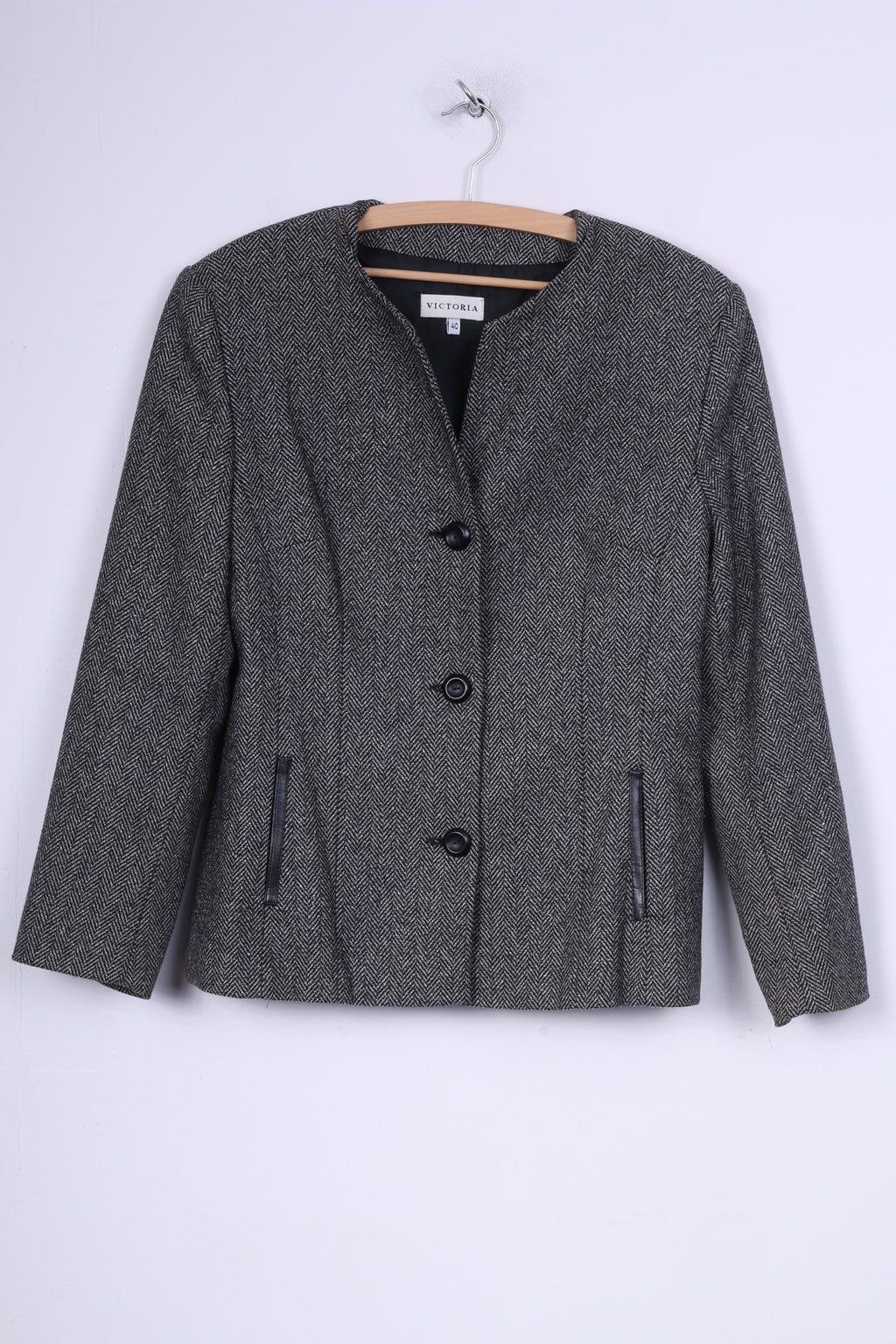 Victoria Womens 40 M Suit Set Trousers Blazer Set 2 Pice Business Herringbone Black/White Wool