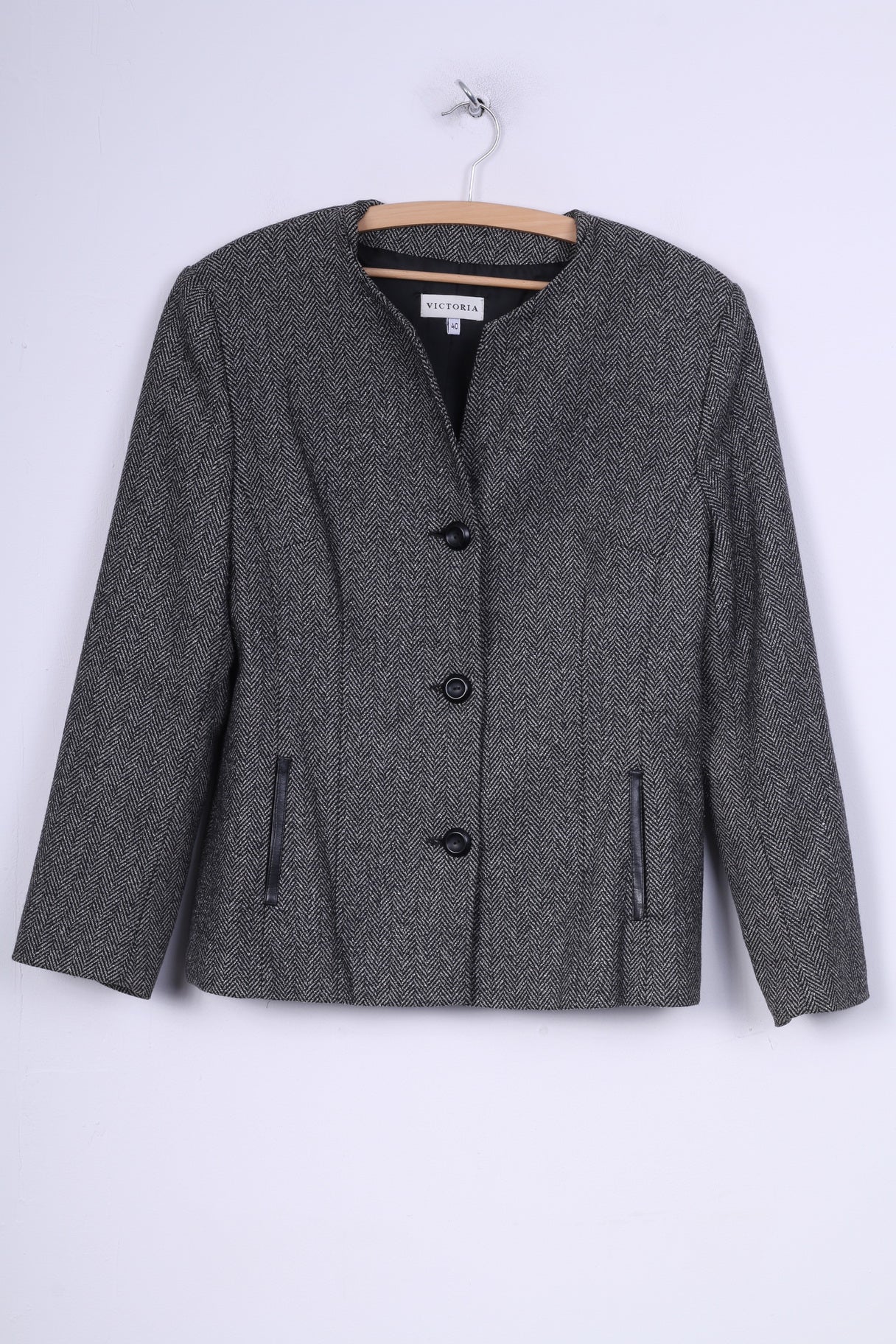Victoria Womens 40 M Suit Set Trousers Blazer Set 2 Pice Business Herringbone Black/White Wool