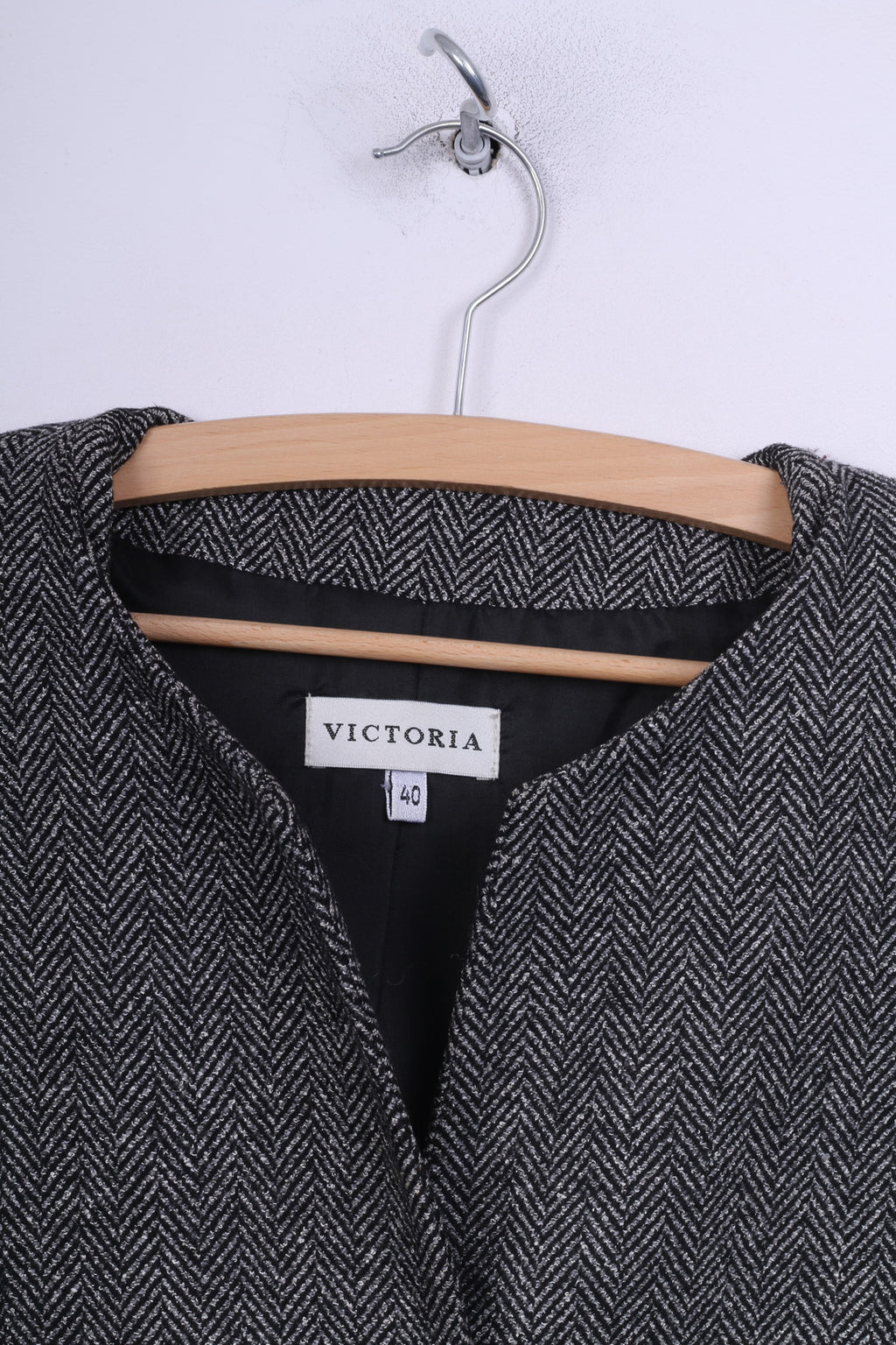 Victoria Womens 40 M Suit Set Trousers Blazer Set 2 Pice Business Herringbone Black/White Wool