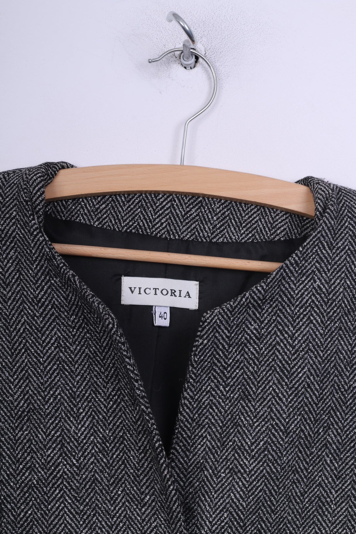 Victoria Womens 40 M Suit Set Trousers Blazer Set 2 Pice Business Herringbone Black/White Wool
