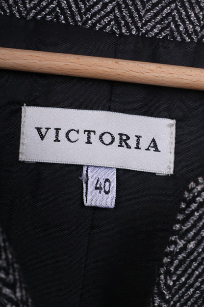 Victoria Womens 40 M Suit Set Trousers Blazer Set 2 Pice Business Herringbone Black/White Wool