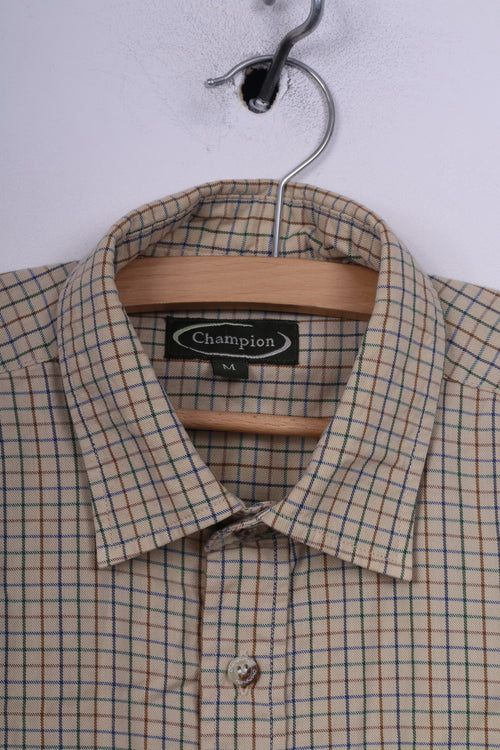 Champion Mens M Casual Shirt Beige Check Long Sleeve Cotton Outdoor