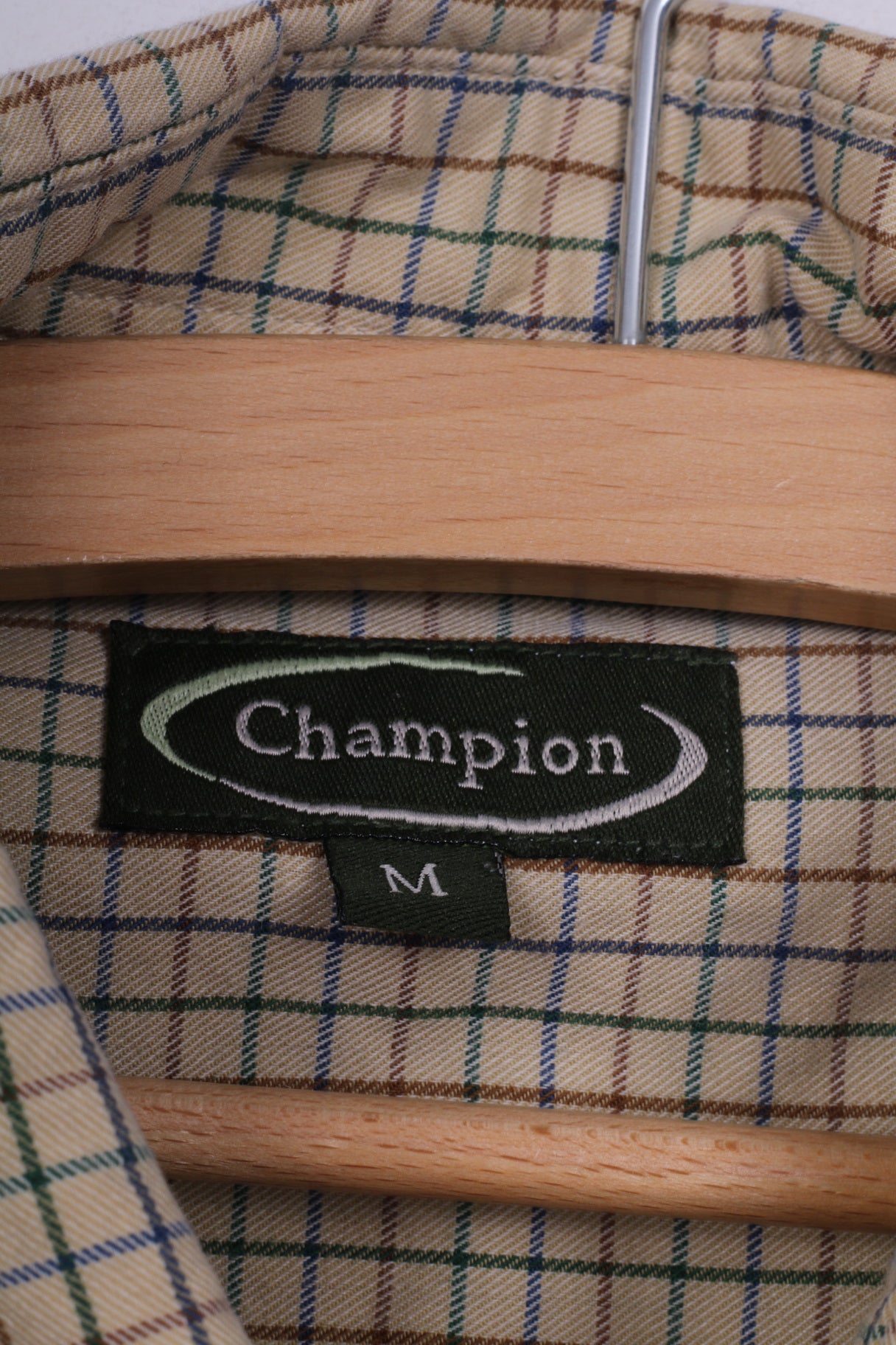 Champion Mens M Casual Shirt Beige Check Long Sleeve Cotton Outdoor