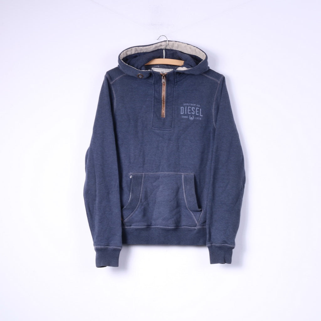 Felpa da uomo Diesel S con cappuccio, blu, abbigliamento sportivo, collo con zip