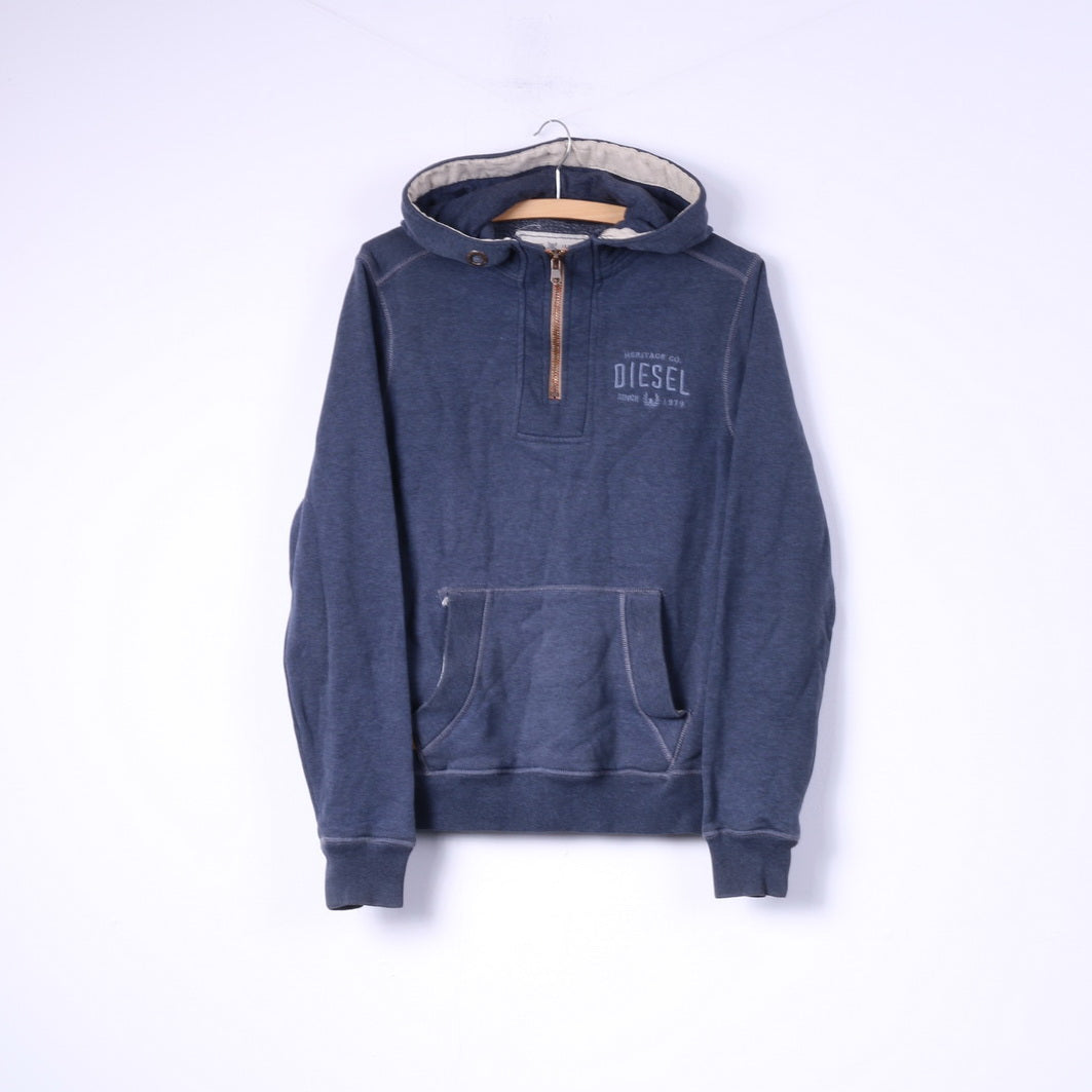 Felpa da uomo Diesel S con cappuccio, blu, abbigliamento sportivo, collo con zip