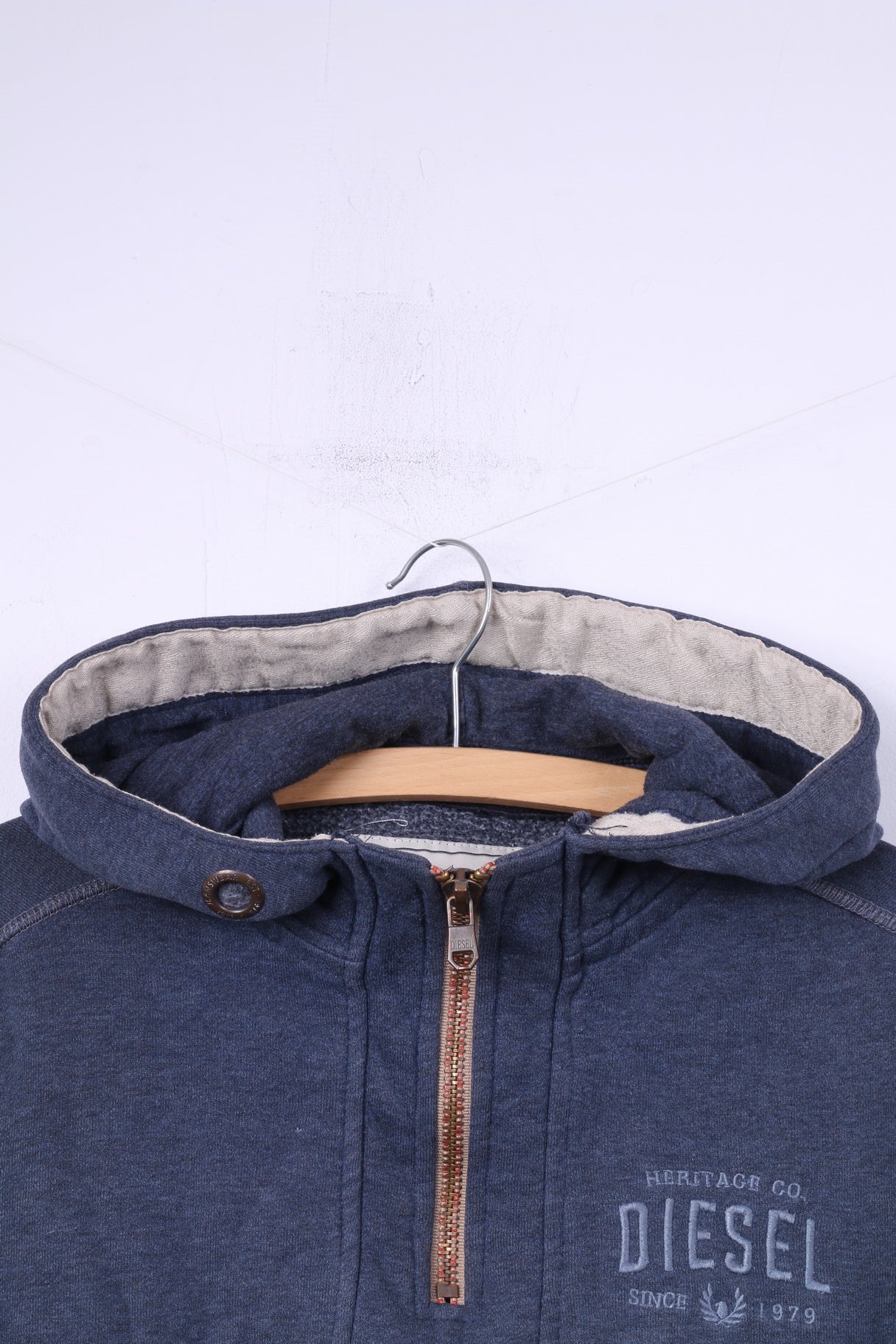 Felpa da uomo Diesel S con cappuccio, blu, abbigliamento sportivo, collo con zip