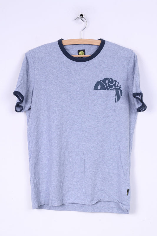 Pretty Green Hommes S T-Shirt Gris Col Rond Poche Haut D'été Coton 