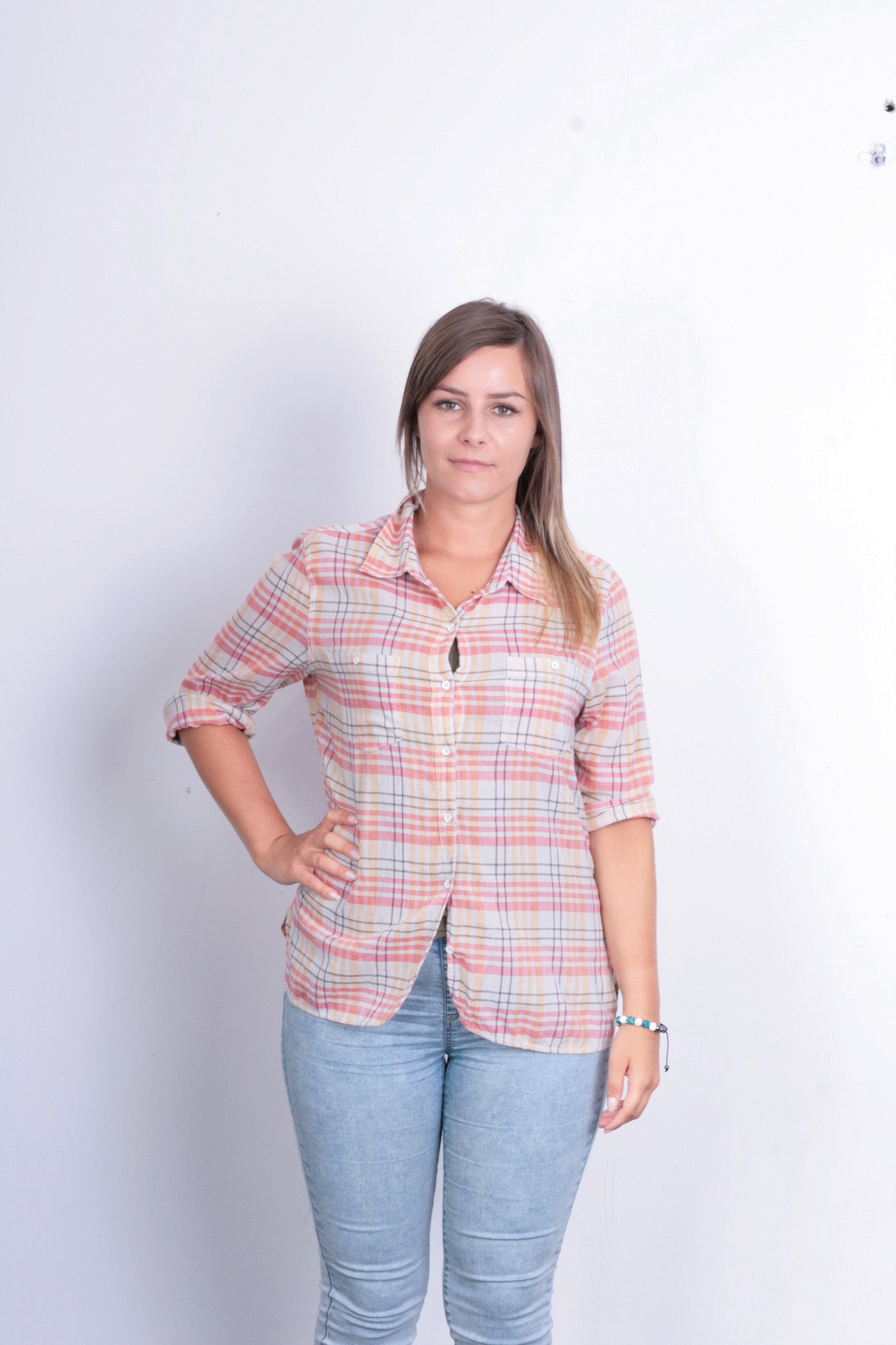 Converse Womens L Casual Shirt Check Beige Pink Cotton Long Sleeve - RetrospectClothes