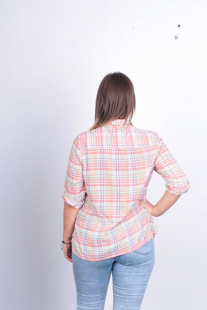Converse Womens L Casual Shirt Check Beige Pink Cotton Long Sleeve - RetrospectClothes