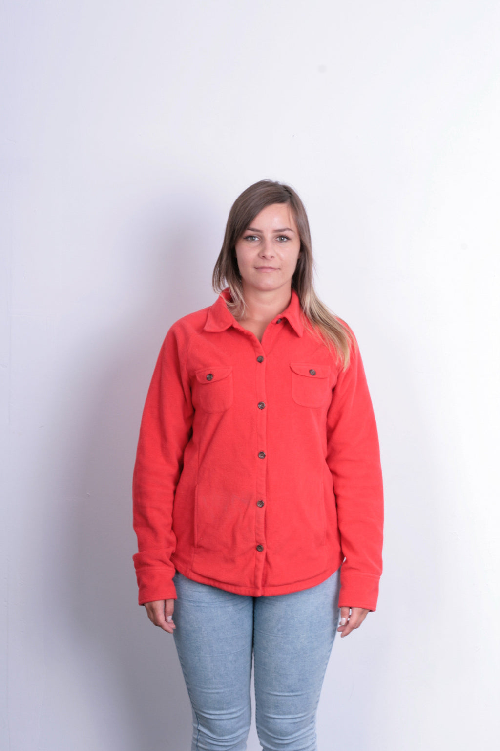 Lands'End Womens M Fleece Jacket Orange Buttons Down - RetrospectClothes