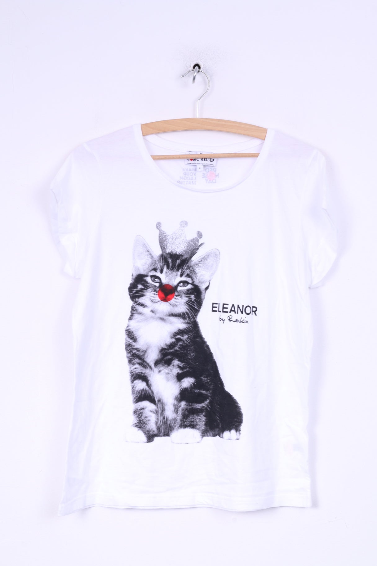 Comic Relief femmes L T-Shirt graphique Greated Eleanor par Rankin chat nez rouge coton blanc 