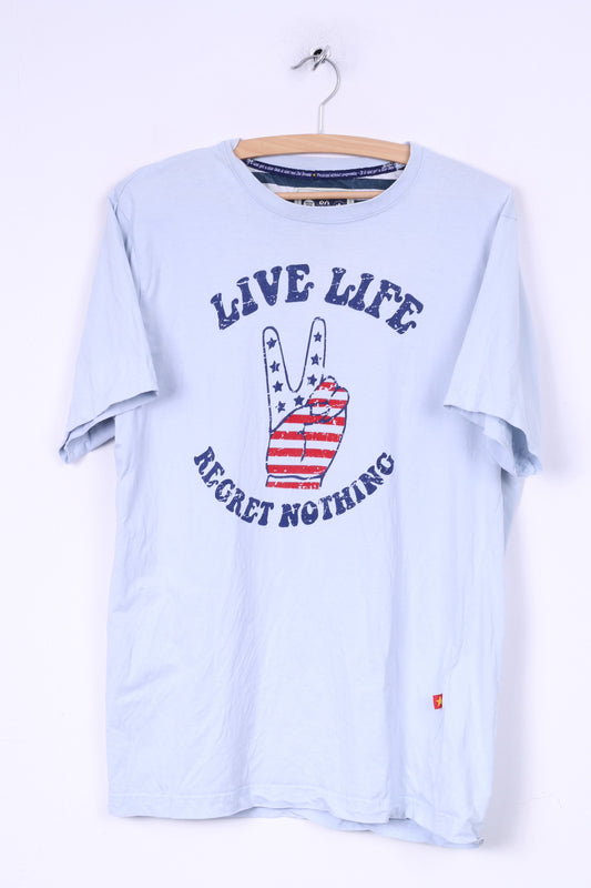 Joe Browns Dynamic Tees Mens M T-Shirt Crew Neck Graphic Blue Live Life Regret Nothing