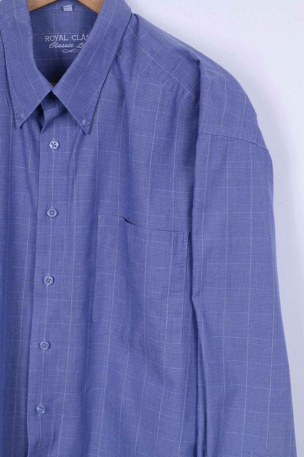 Royal Class Chemise décontractée pour homme 45 XXL Bleu Ligne classique Coton à carreaux Manches longues